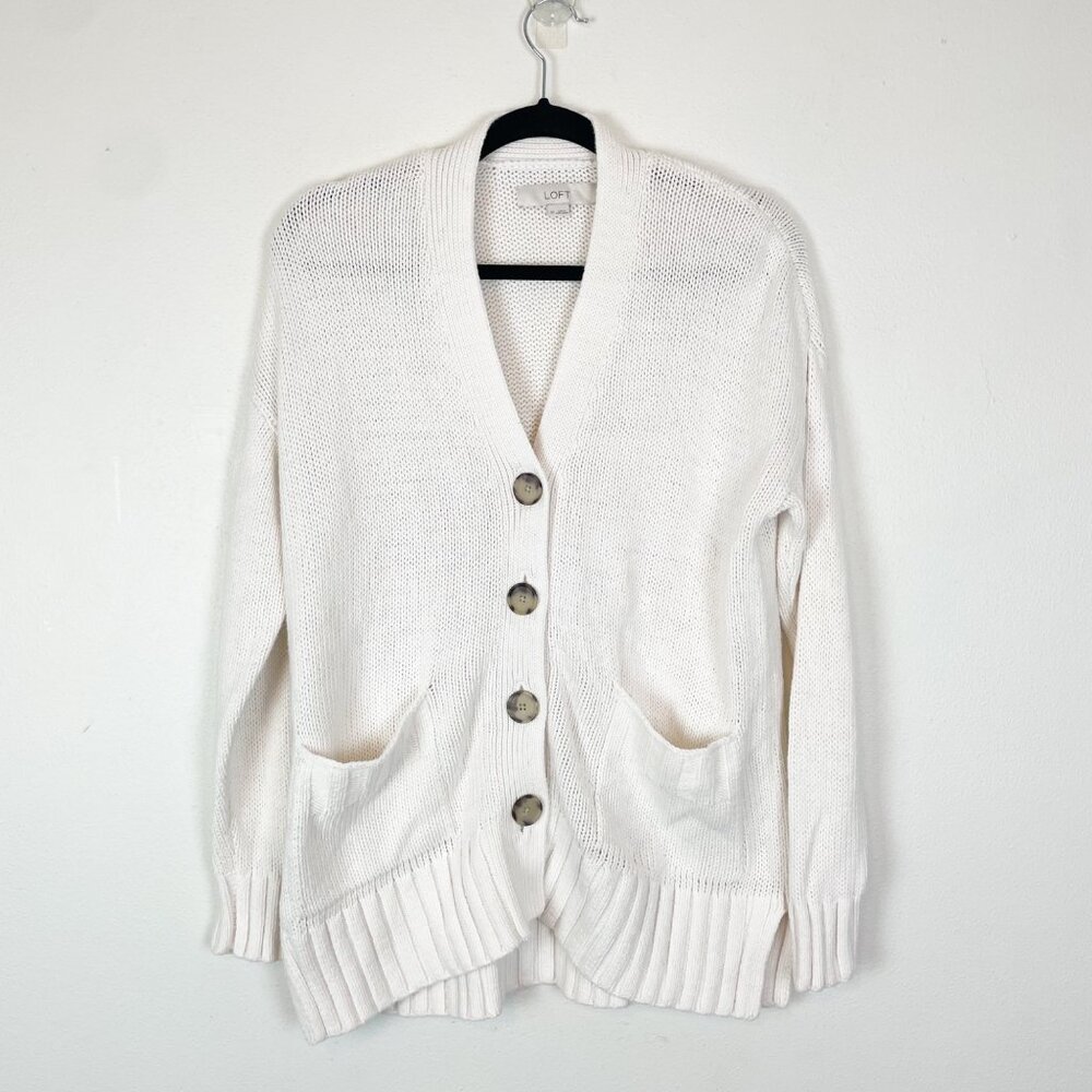 Loft Womens XS White Relaxed V Neck Cardigan Oversized Boxy Sweater Basic Staple